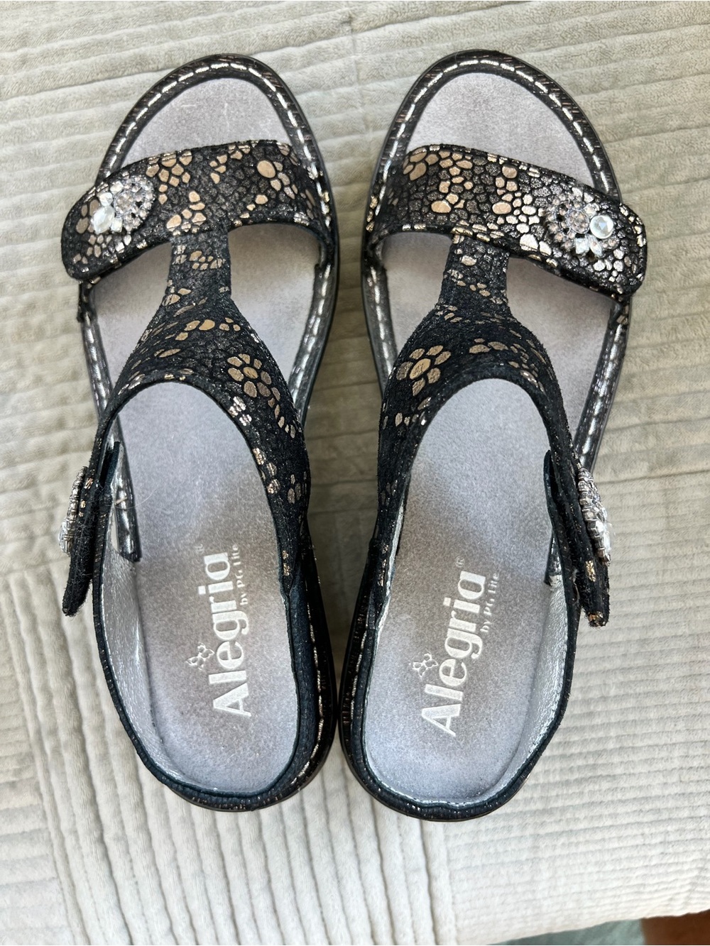 Alegria Black Sandals with Metallic Accents